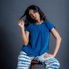 Women's Tunic Top made of Cotton - Indigo Loose Fit Blouse, Cropped Short Sleeve, Casual Everyday Top for Autumn