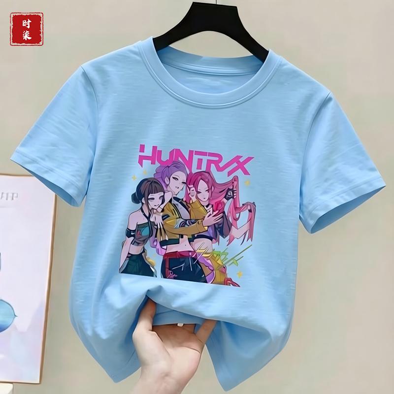 Childrens Kpop Demon Hunter Tshirt girls shortsleeved Tshirt childrens Saja Tshirt childrens casual clothing