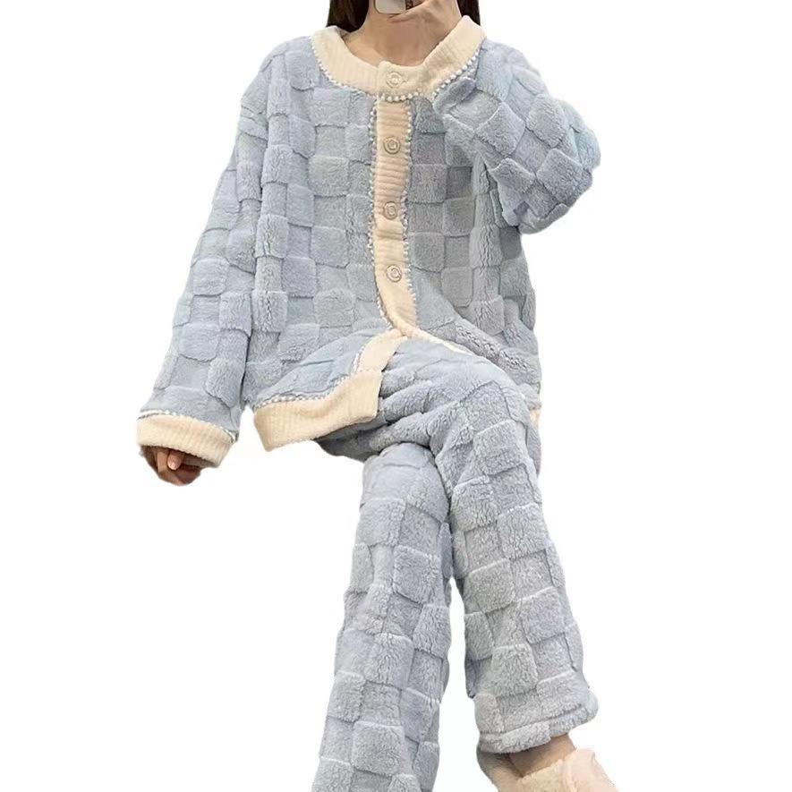 Green White Blue Thickened Coral Fleece Pajamas Set Women Autumn Winter Lounge Home Warm Sleepwear Plus Size Homewear