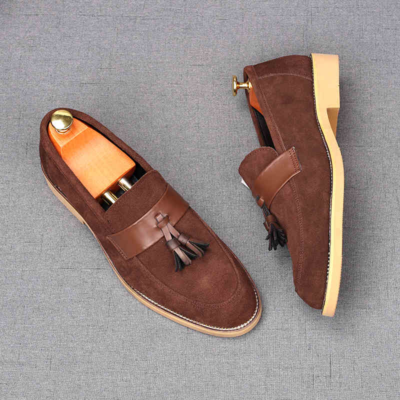 Мода Мода Новые Мужские Заостренные Кисточки Замша Натуральная Кожа Балетки Дизайнер Мужской Выпускной Свадебное Платье Обувь