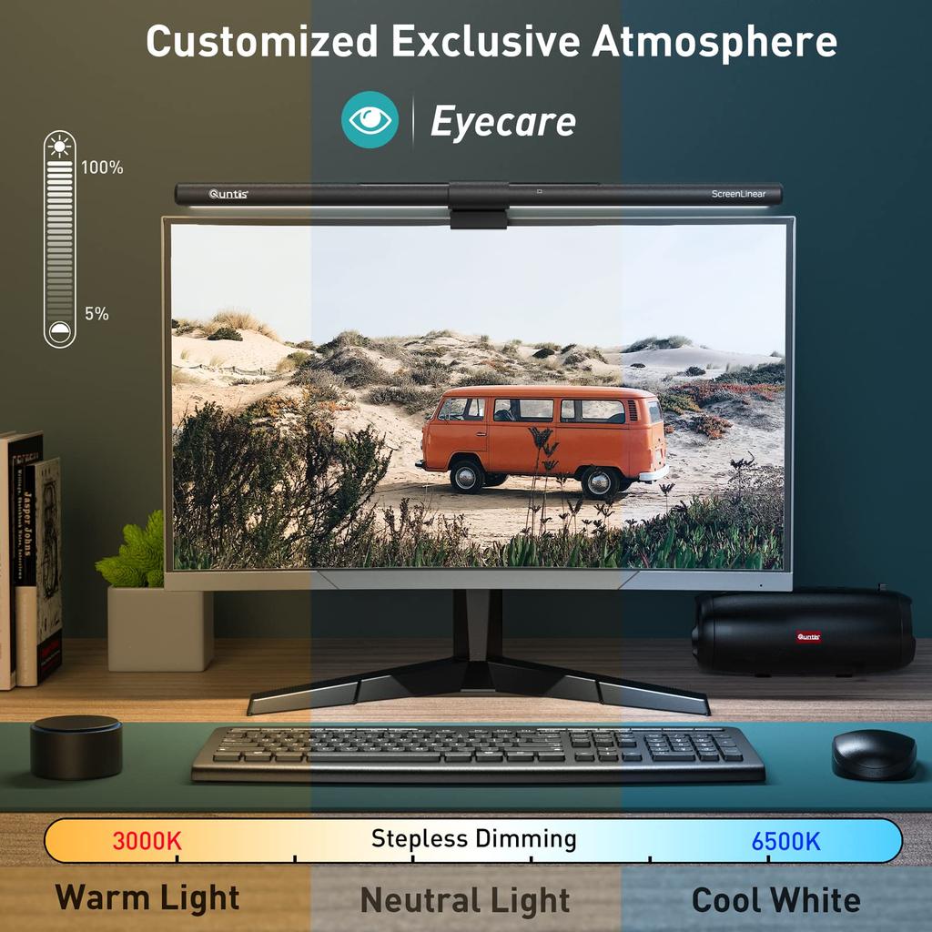 Quntis Настольный светильник для монитора, световая панель, беспроводной пульт дистанционного управления, автоматическое затемнение, 1200 люкс, высокая цветопередача, совместимо с изогнутым USB-монитором