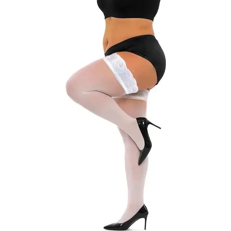 Кружевные чулки выше колена большого размера для женщин, чулки сексуальные, самодержащиеся, белые, черные, розовые, красные, длинные чулки с противоскользящим эффектом