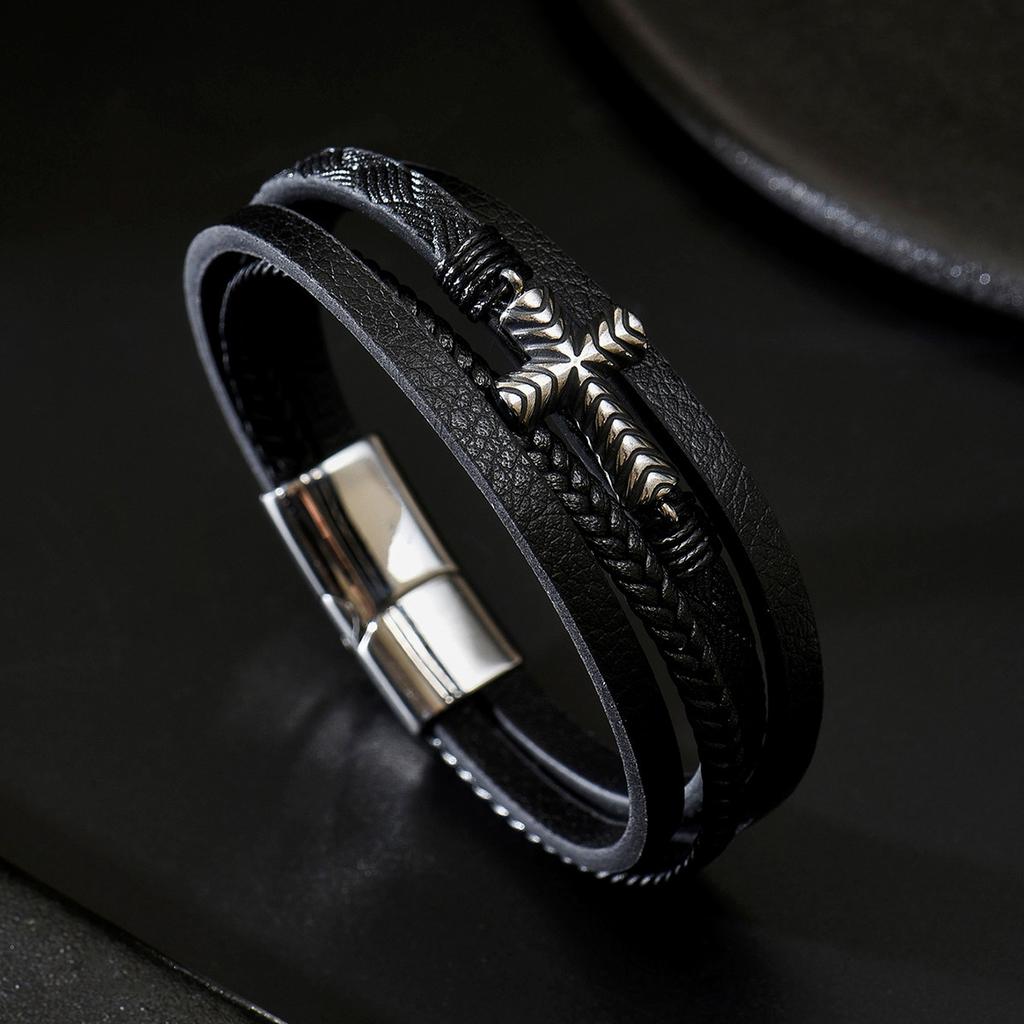 Fashionable Cross Pattern Multi-layer Woven Leather Bracelet Hot Selling Cross-border Source Trendy Men's Accessories