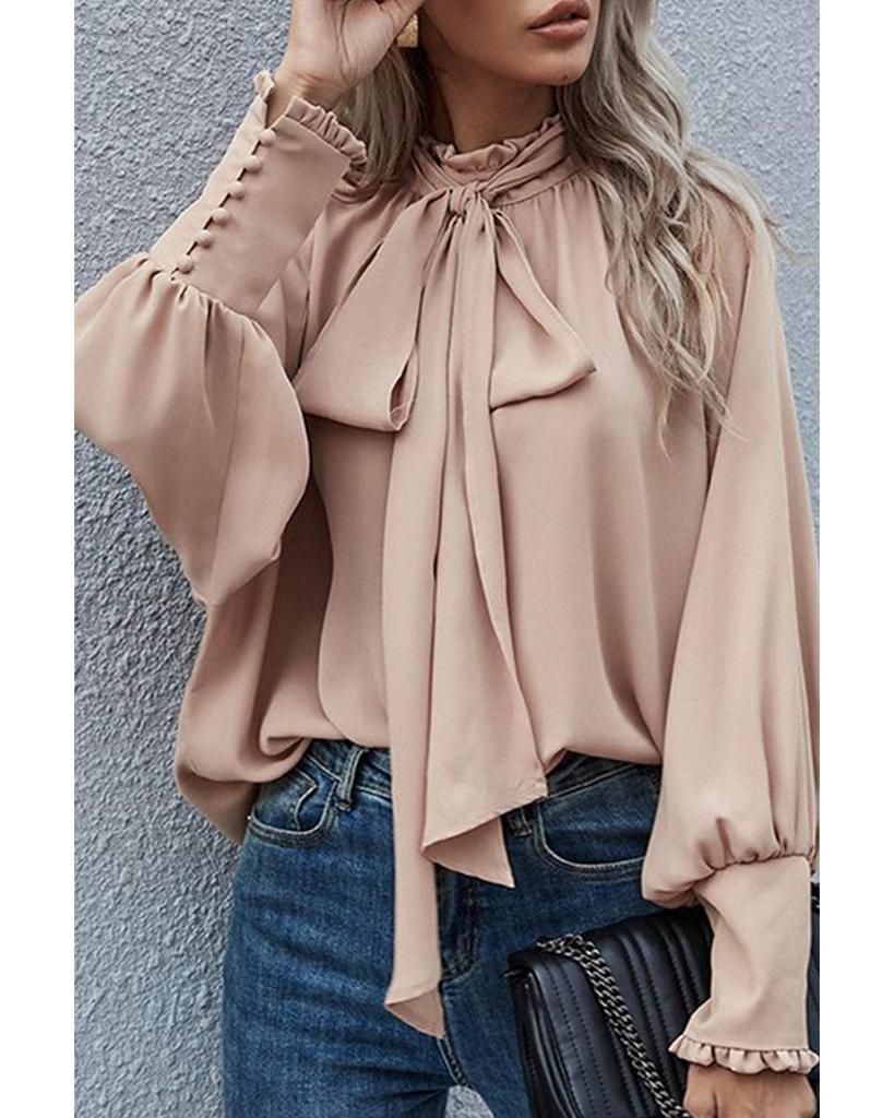 Azura Exchange Khaki Frilled Knotted Blouse with Bishop Sleeves