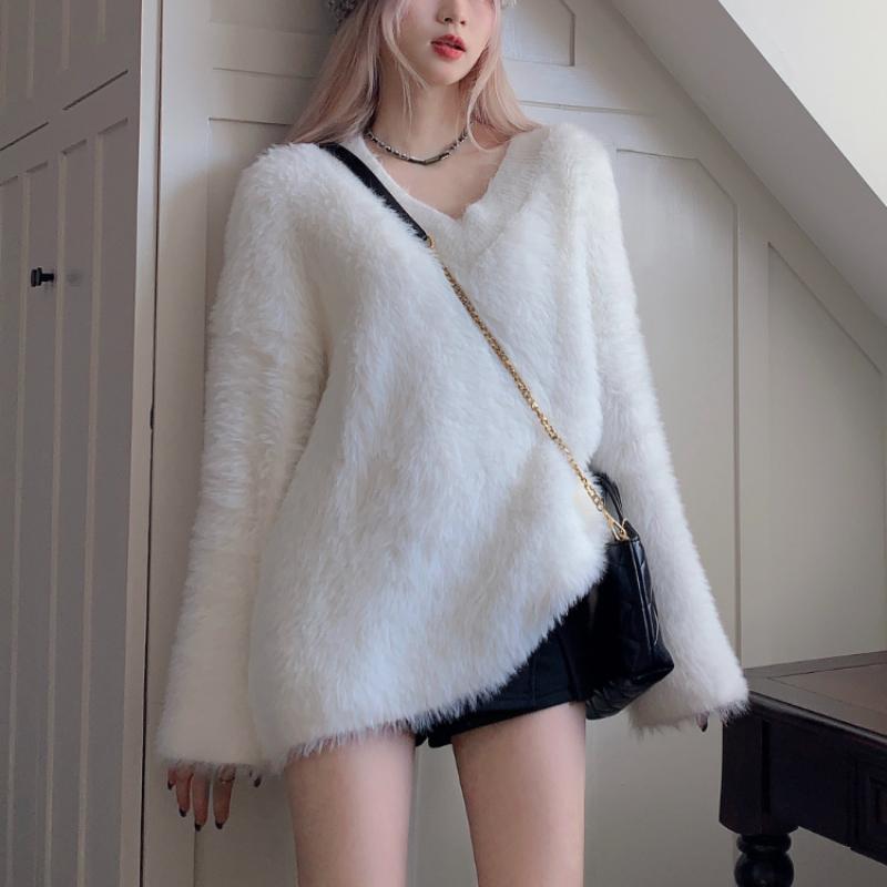 2023 зимний элегантный свитер с v-образным вырезом, женская повседневная верхняя одежда, вязаный пуловер из искусственного меха, офисная женская одежда Y2k, корейская модная шикарная одежда