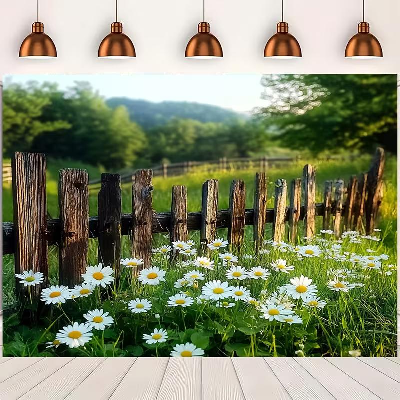 2D Пейзаж сельской местности с ромашками и деревянным забором Фотофон