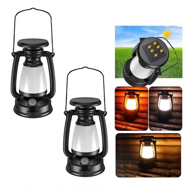 Portable Solar Retro Camping Lamp Solar and USB Rechargeable Stepless Dimming Camping Waterproof Tent Hanging Atmosphere Lantern