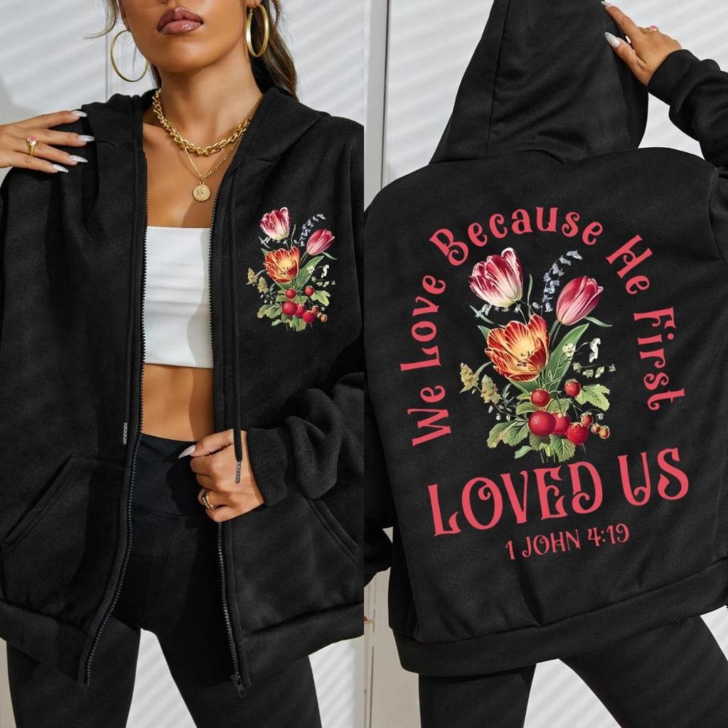 Любит нас Красивые Цветочные Принты Толстовка на Молнии Женская Свитшот Спортивная Одежда Винтажная Оверсайз Худи Флис Повседневная Мягкая Одежда