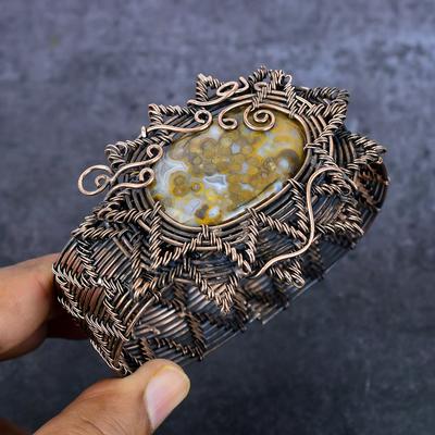 Натуральный Океанический Яшма Драгоценный камень Медная проволока Обмотка Манжета Браслет Регулируемый S5y09