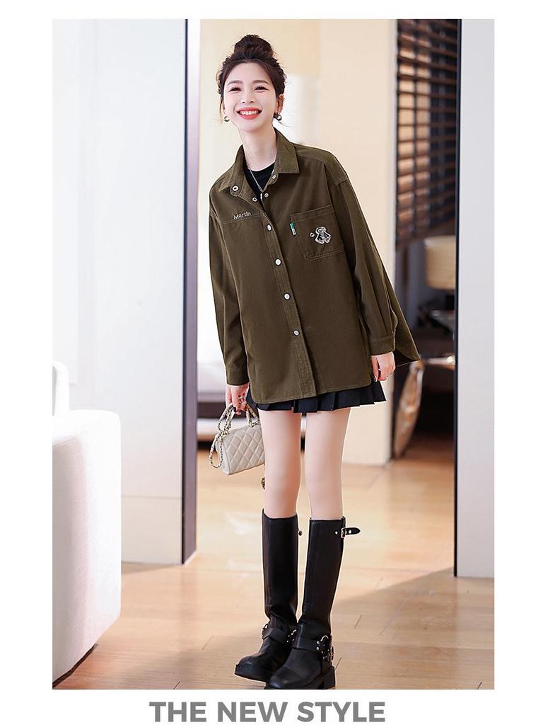 2024 Spring & Fall Women's Embroidered Denim Shirt - Brushed, Washed Cotton, Loose Casual Mid-Length Jacket