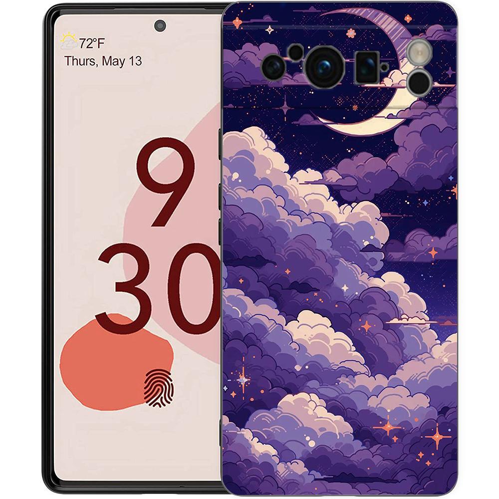 Чехол для телефона в стиле комиксов "Луна и Облака" для Google Pixel 10A 10 9 8 7 6 Pro XL 9A 8A 6A 7A 5G Мягкий Ударопрочный ТПУ Черный