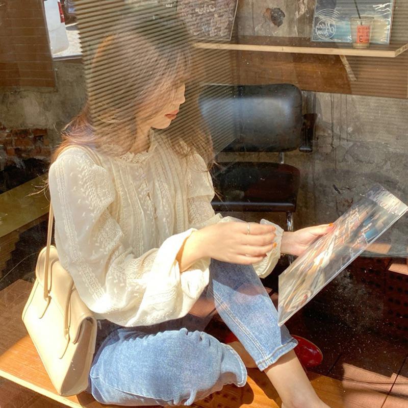Elegant Embroidery Lace Women Blouse Autumn Fashion Vintage Round Neck Slim Long Sleeve Women's Shirt Tops Solid Loose Casual Ladies Blouses 25174