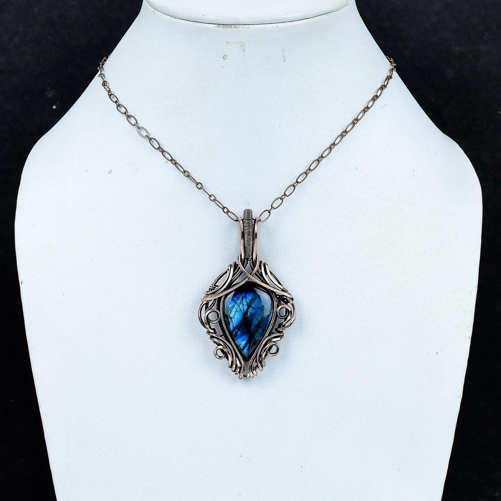 Labradorite Pendant, Handmade Gemstone 999 Copper Wire Wrapped Pendant Antique Jewelry, For Gift Silver Jewelry