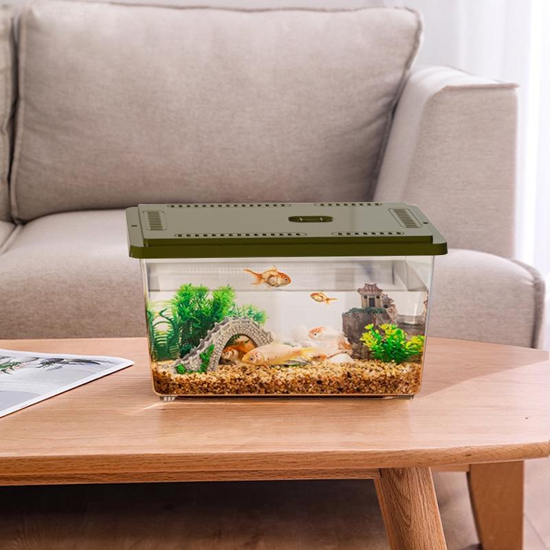 Прозрачный настольный аквариум с черепахой и рыбками с крышкой для дома или гостиной