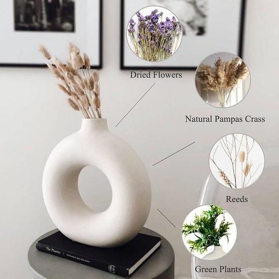 White Ceramic Donut Vase Set (6 & 8 Inches, Pack of 2) – Round Shaped Flower Vase for Pampas Grass, Home Decor Centrepiece
