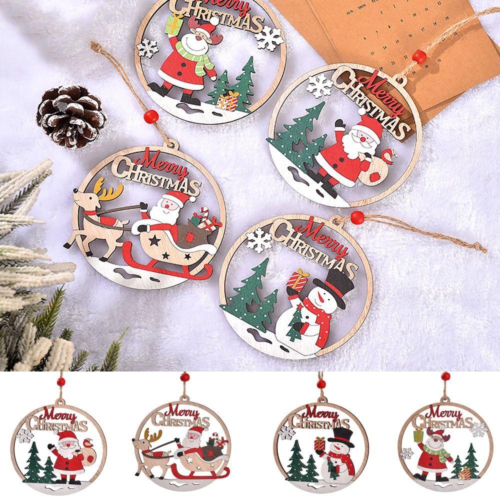 Wooden Christmas Tree Pendant Round Snowman/Santa Claus/Elk Christmas Ornament Hollow Hanging Christmas Decoration