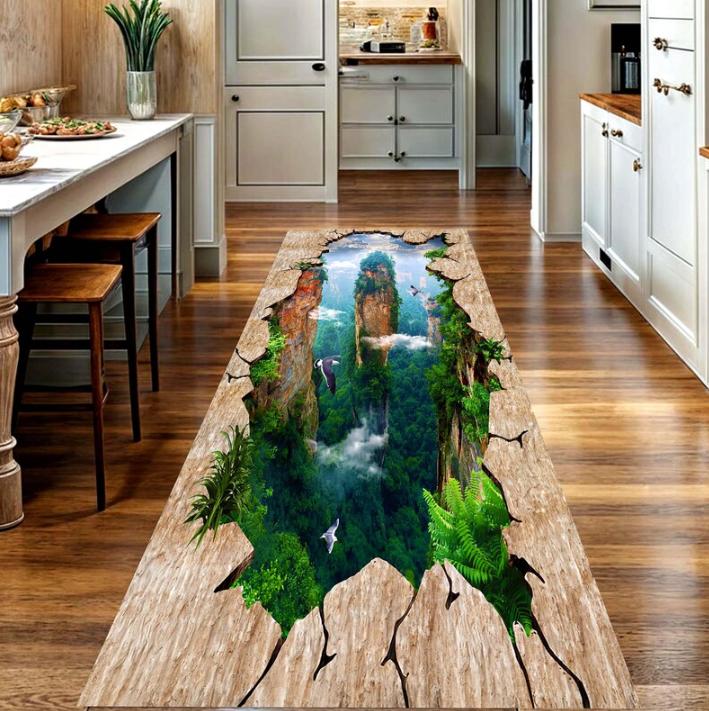 2D Optical Illusion Hallway Runner Rug Mountain Canyon Crack Print Non Slip Long Carpet Washable Floormat for Hallway Entryway