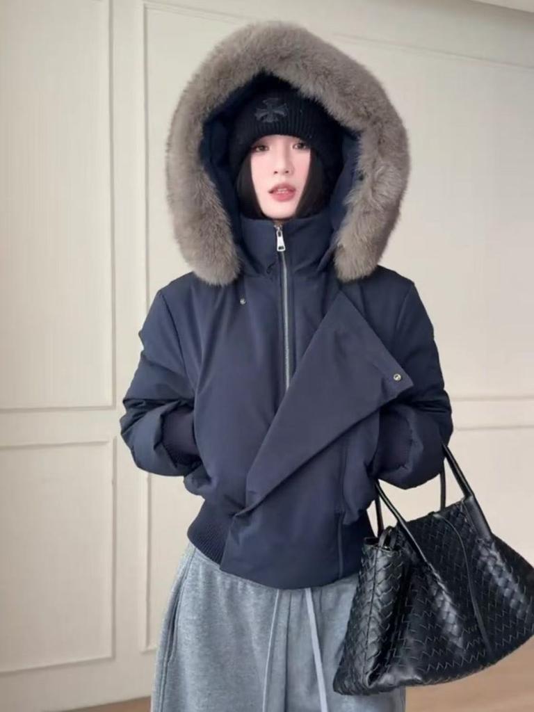 Winter detachable big fur collar hooded short down cotton clothes women's new warm thickened jacket