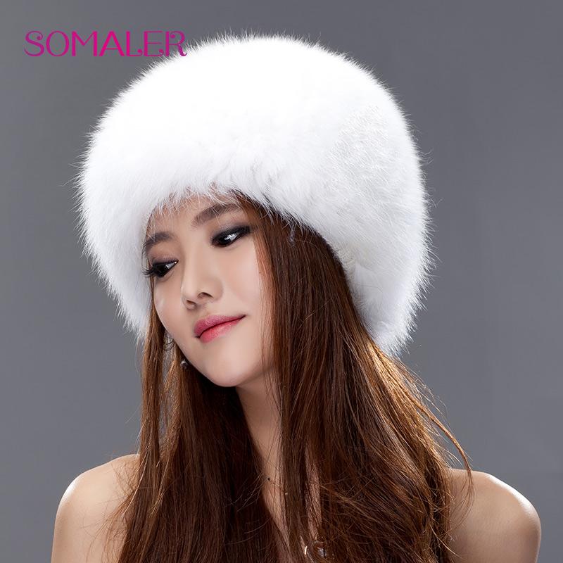 SOMALER Real Full Fox Fur Bomer Caps for Women Winter Knitted Fur Hats Wool Lining Warm Hats Silver Fox Fur Cap