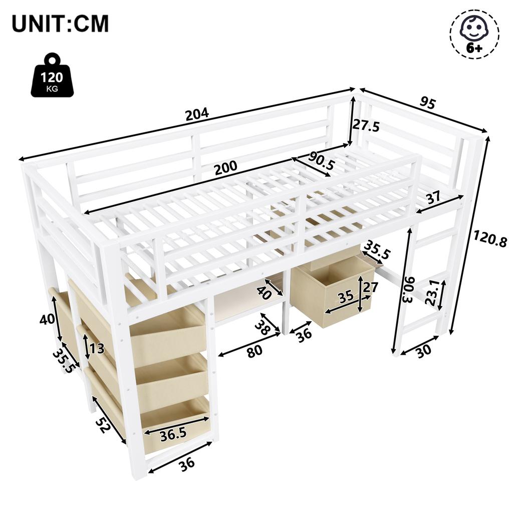 90*200 cm, half-high bed, seat cushion, fabric storage drawer, storage bag, multicolor LED lighting, clothes hook, metal, without mattress, white