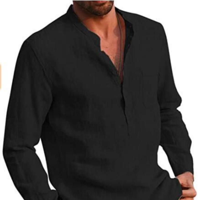 Мужская повседневная пляжная льняная рубашка с длинными рукавами и V-образным вырезом, новые универсальные тонкие модели модных рубашек