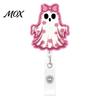 Smooth Retractable Cord Reel Halloween Ghost Badge Reel, Glitter Acrylic Holder Clip, Cute Pink Clear ID Name for Women Nurse Teacher Medical
