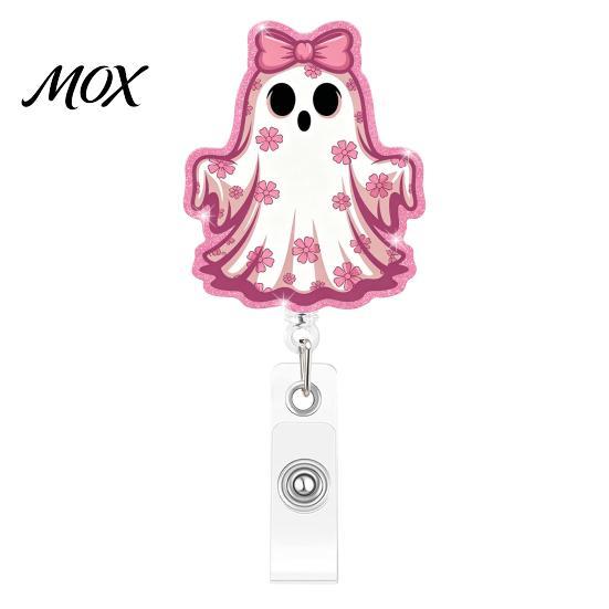 Smooth Retractable Cord Reel Halloween Ghost Badge Reel, Glitter Acrylic Holder Clip, Cute Pink Clear ID Name for Women Nurse Teacher Medical