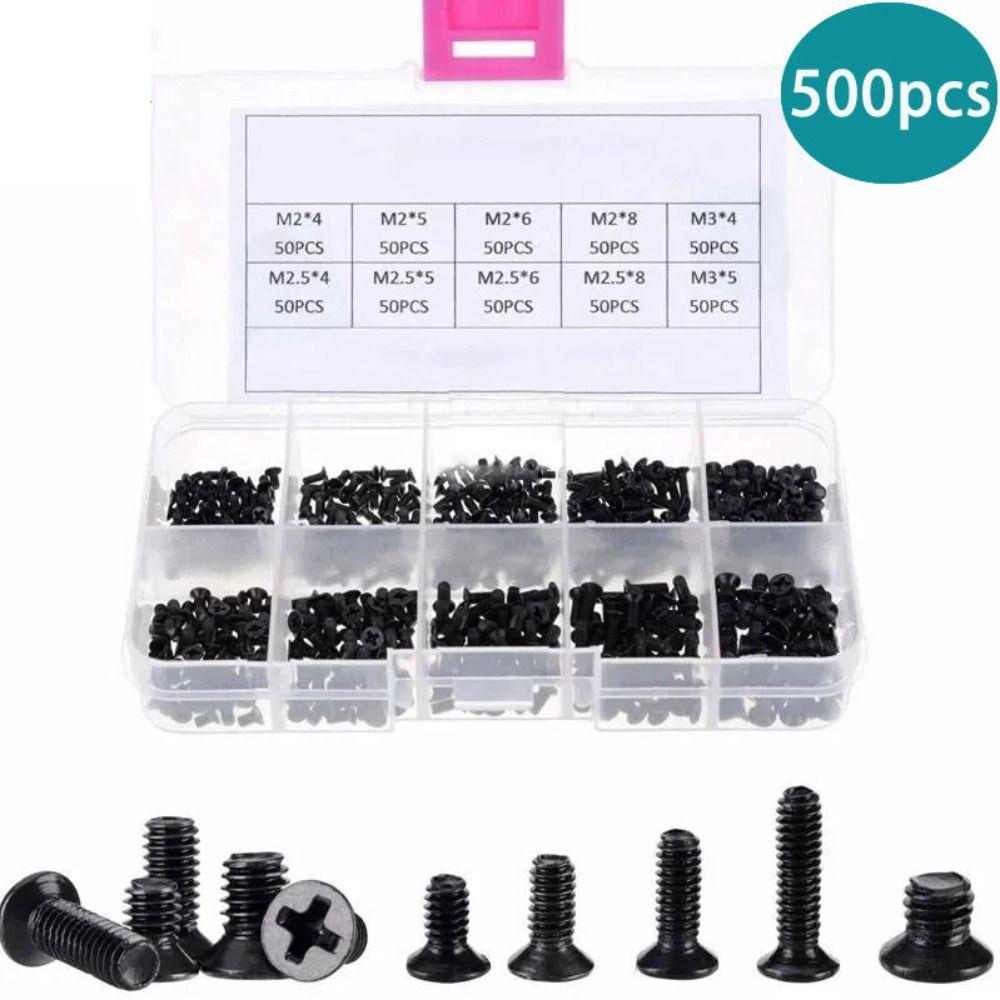 500Pcs Metal Cross Self-Tapping Screws Black Laptop Screws New Round Head Screws Laptop Repair