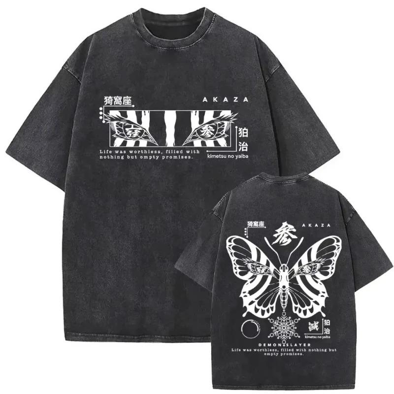 T-shirt оверсайз в стиле стритвир с винтажной стиркой и двусторонним графическим принтом Аказа из Клинок, рассекающий демонов
