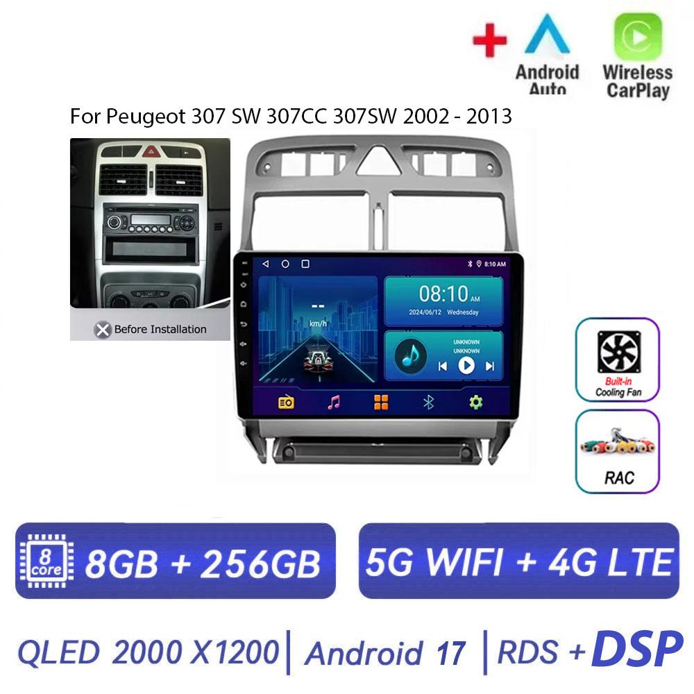 Autoradio Android 17 pour Peugeot 307 SW 307CC 307SW 2002 - 2013 Lecteur Vidéo Multimédia Navigation GPS Carplay Auto Head Unit