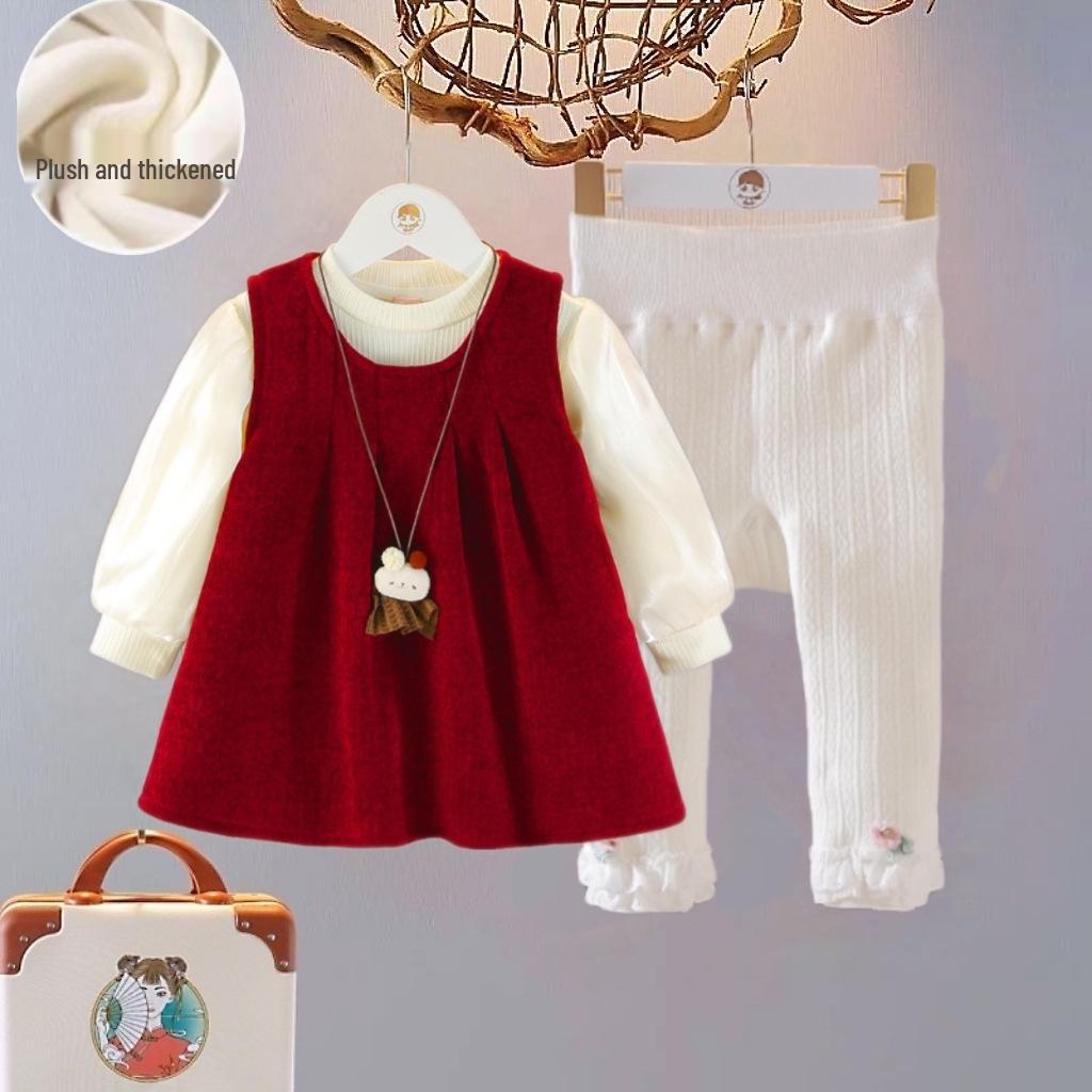Autumn/Winter 2025 Girls' Fleece-Lined Dress Set: Trendy Party Outfit for One-Year-Olds