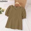 Summer Women Square V Neck Puff Short Sleeve Soild Color Casual Blouses