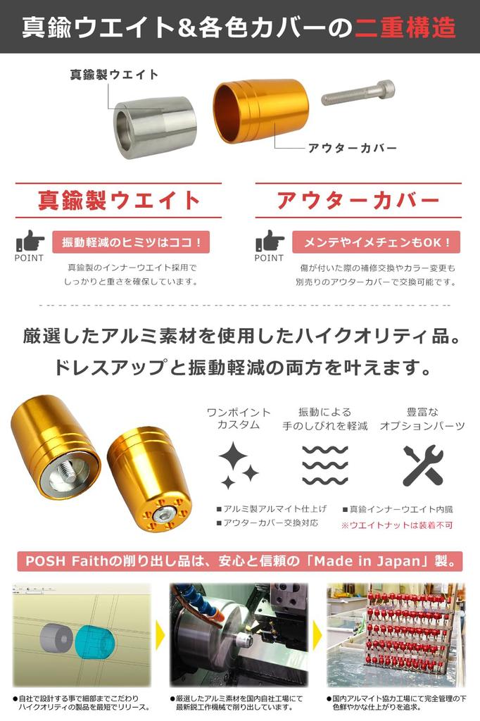 POSH FAITH Ultra Heavy Handlebar Ends for Kawasaki Genuine M8 for Handlebars, Type, Titanium, NINJA250, Z900RS, ZRX1200DAEG, Etc. (Product Code