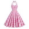 Pink Plaid Sleeveless Dress Lace-up Bowknot Halter Hidden Zipper Skater Hem Cocktail Party Swing Dress