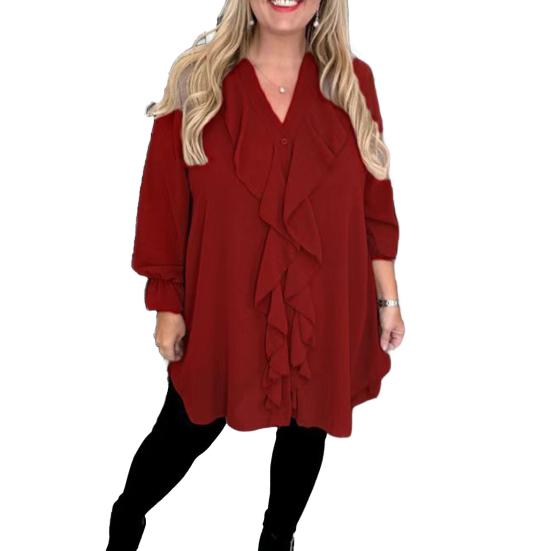 Женская рубашка с V-образным вырезом, длинным рукавом, оборками, повседневная рубашка, однотонные повседневные свободные топы, шифоновая блузка, повседневная одежда