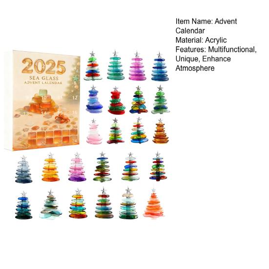 Адвент-календарь из морского стекла 2025 24-дневная коробка для отсчета времени Многофункциональное рождественское украшение для детских комнат, домов, машин