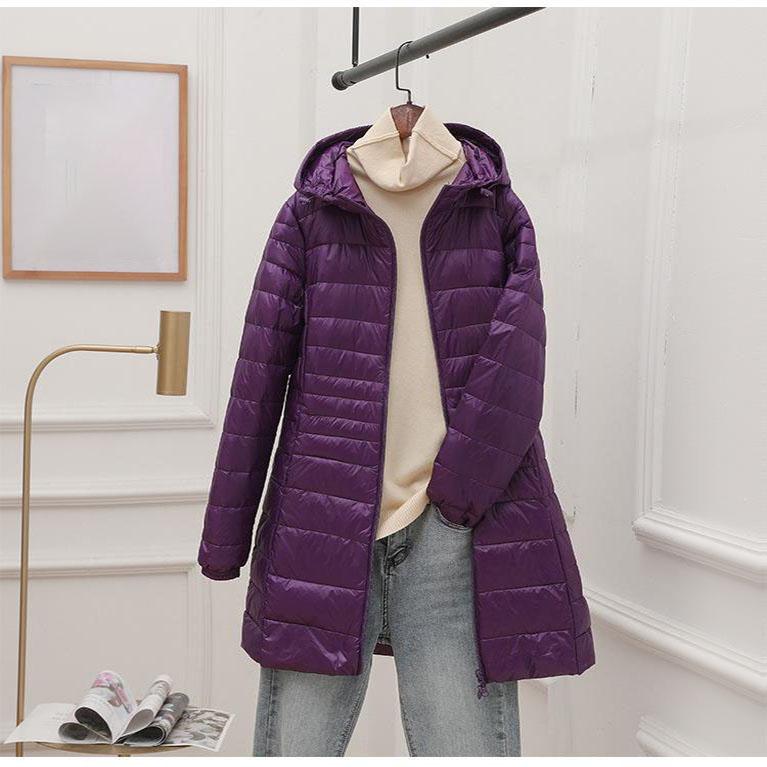 Женский длинный теплый пуховик с портативной сумкой для хранения, женский легкий пуховик, женские пальто длиной до бедра, High Street
