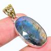 Natural Labradorite Gemstone 925 Sterling Silver Two Tone Pendant 1.62" D9F56
