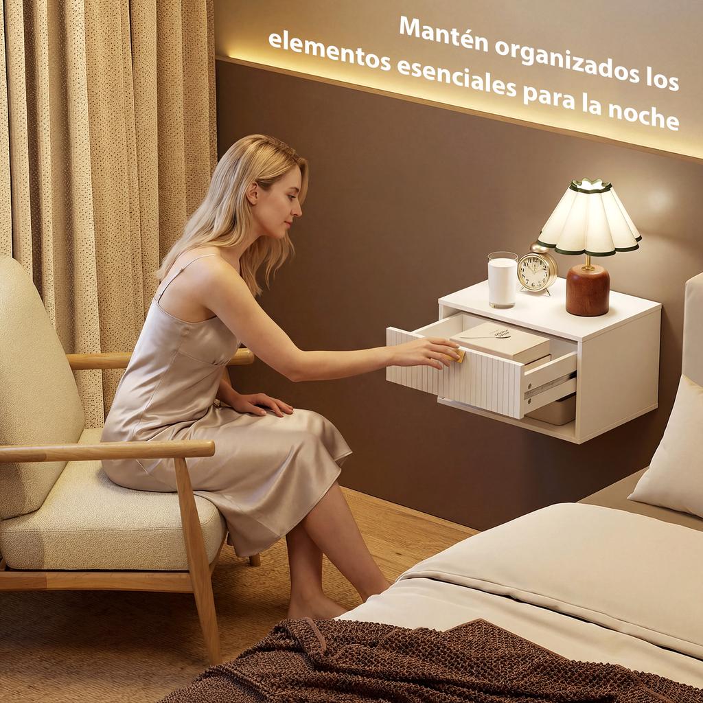 Set of 2 Floating Nightstands, Drawer, Wavy Front, Open Shelf, 40x30x25 cm, White