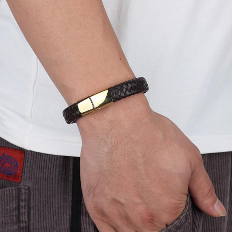 Retro Hip Hop Stainless Steel Leather Woven Bracelet Simple Black Brown Magnetic Buckle Couple Bracelet Men's Everyday Casual Wear Jewelry Accessories