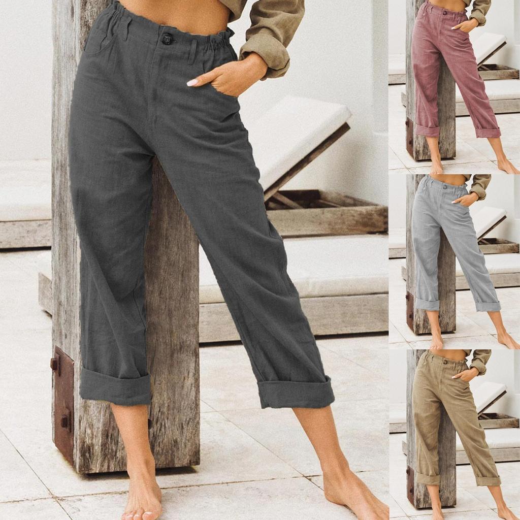 Fashion Solid Color Cotton Linen Fashion Loose High Waist Casual Pants For Women