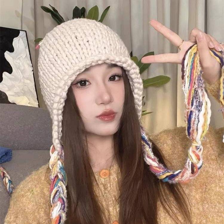 Шапка из шерсти с цветной бахромой и косичкой на осень и зиму, теплая шапка-ушанка для студентов, универсальная модная вязаная шапка-пуловер
