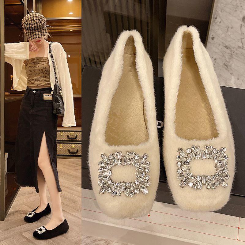 Мягкие водные туфли с квадратной головкой и ромбовидной головкой из бархата Bean Single Shoes 2024 года, новые модные шерстяные кожаные туфли для женщин, осень/зима