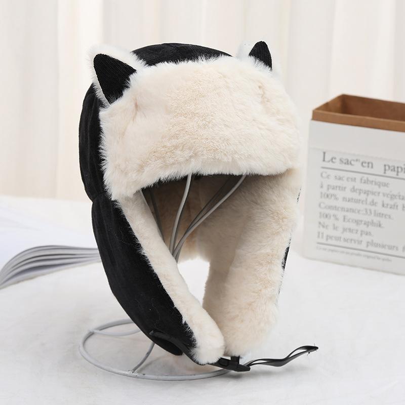 Female Winter Cat's Ears (Steamed Cat-ear Shaped Bread) Lei Feng Hat Plush Thickened Warm Hat Windproof Outdoor Riding Ear Cap