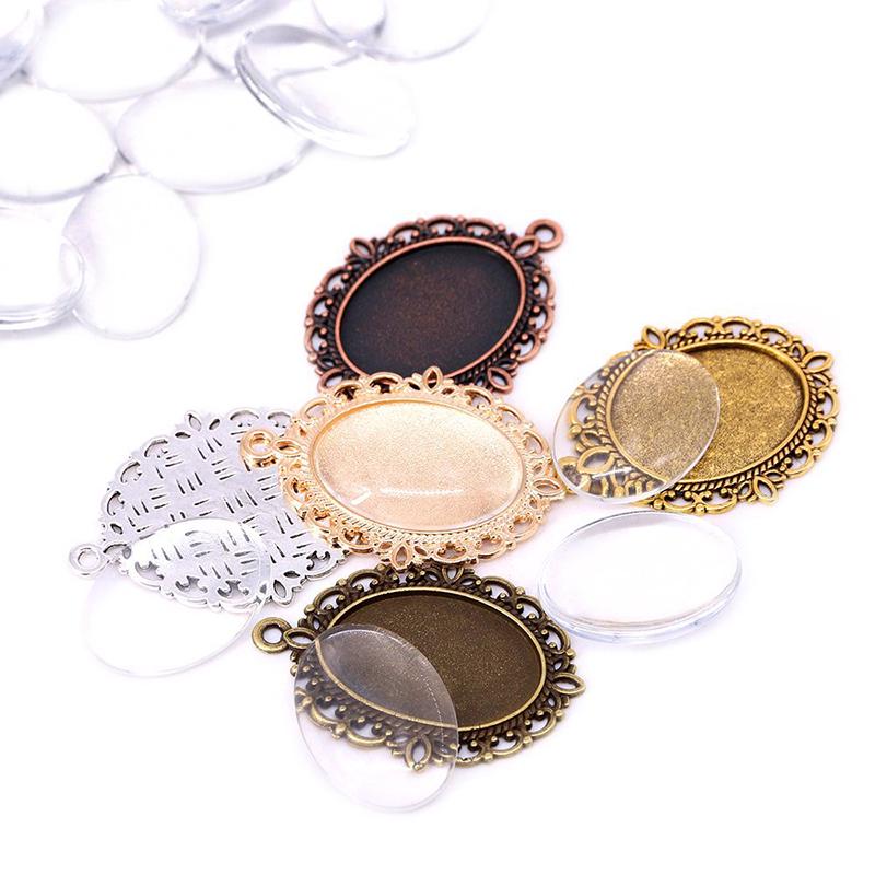 60Pcs 5 Colors Round Pendant Trays Glass Cabochon Crafting Diy Jewelry Making