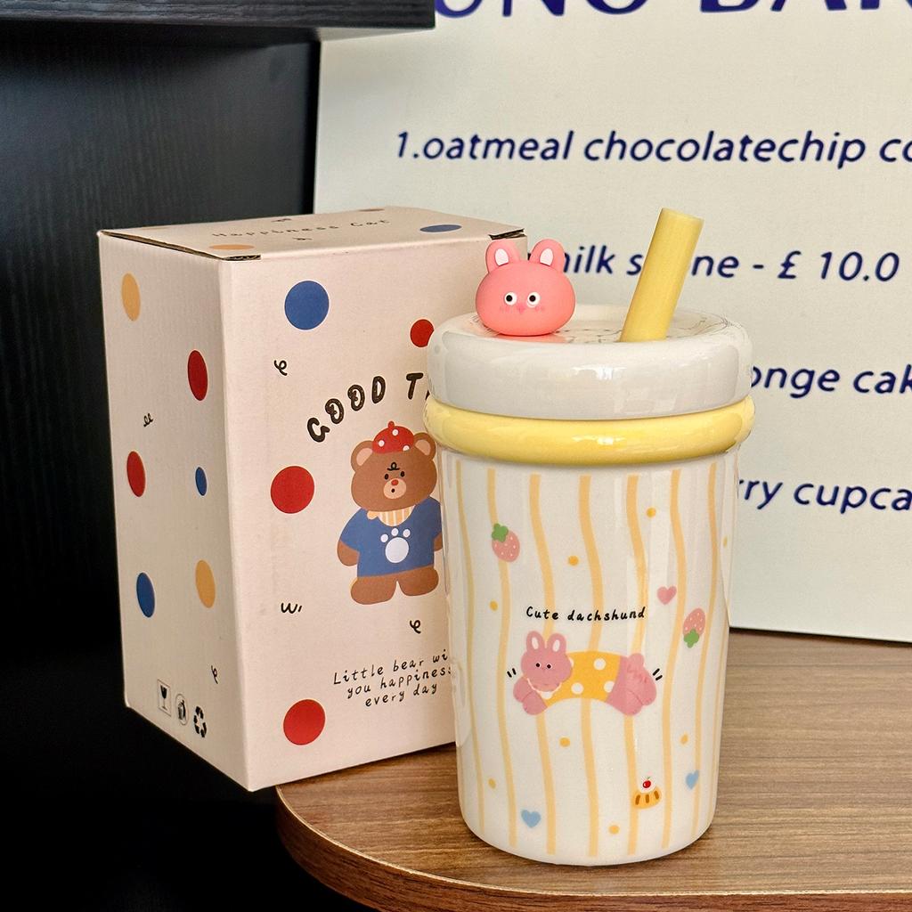 Cartoon Straw Cup Large Capacity Ceramic Drinking Cup with Lid  Cute Animal Breakfast Milk Cup  Souvenir