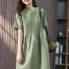 Хлопково-льняное платье миди свободного кроя в корейском стиле с плиссировкой «гармошка», лето 2023 - Приталенный дизайн с коротким рукавом для женщин
