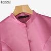 ZANZEA Women Summer Stand Collar Casual Short Sleeve Satin Blouse