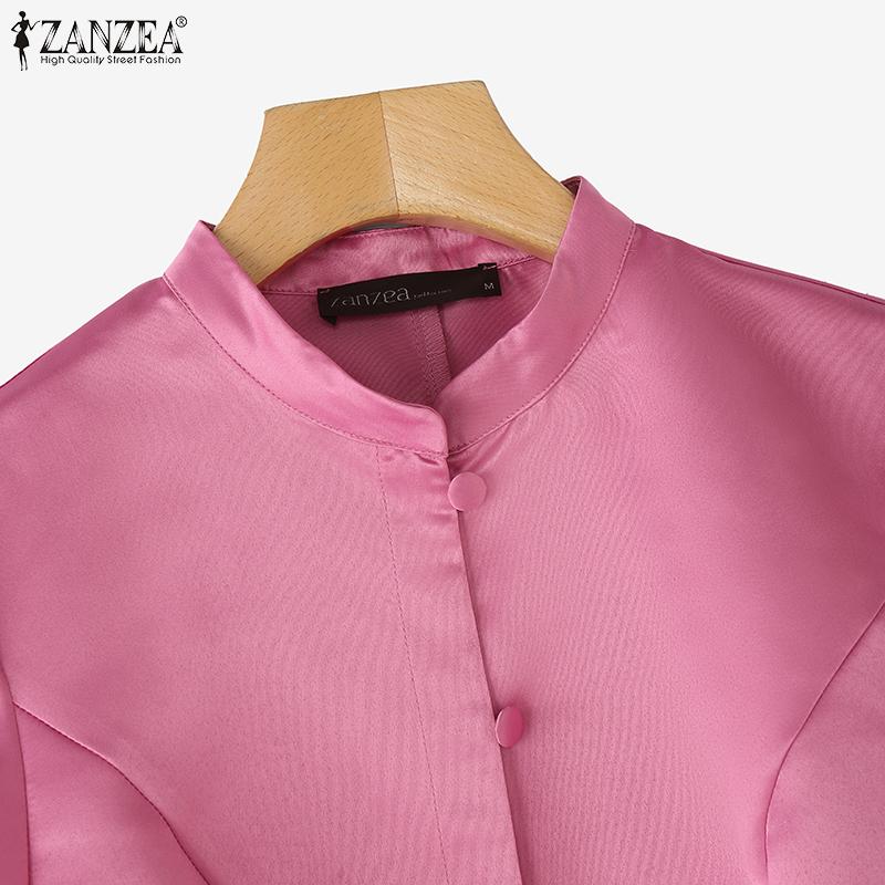ZANZEA Women Summer Stand Collar Casual Short Sleeve Satin Blouse