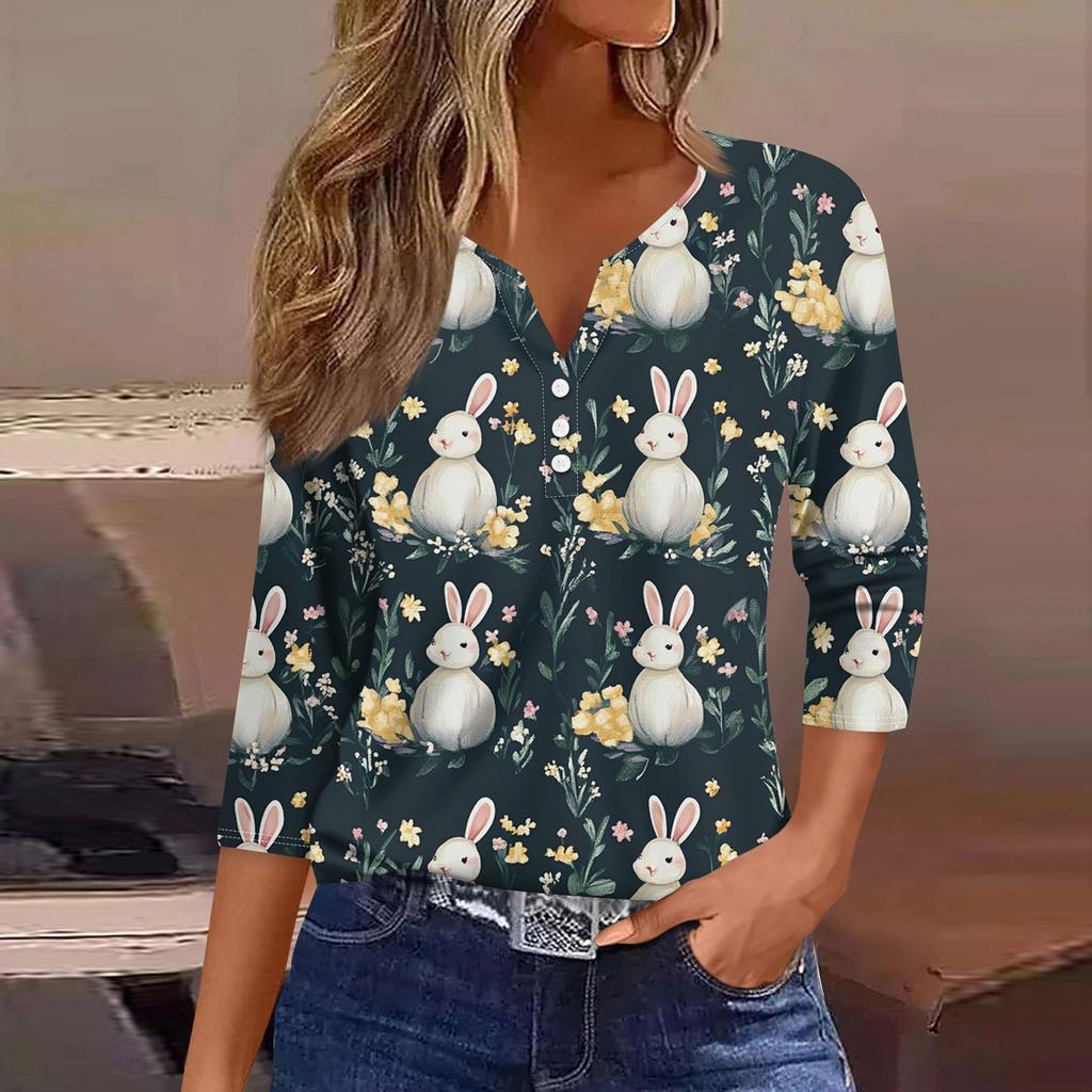 Жен. Футболка Футболка С принтом Пуговицы Рукав 3/4 Повседневные Выходные Мода Классический V-образный вырез Обычный Топ